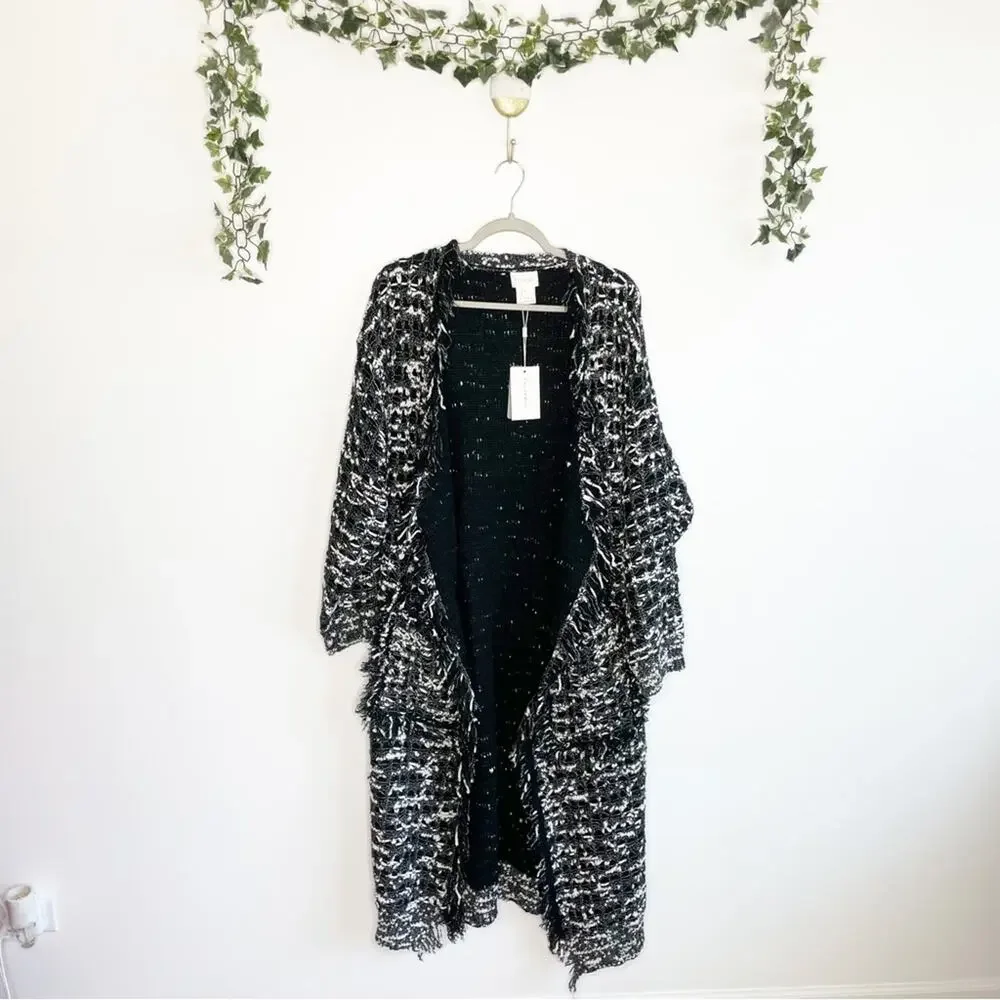 FOXIEDOX Black and White Knit Fringe Cardigan Size Large NWT